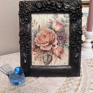 Ornate Black Floral Picture Frame with Pink Rose Art